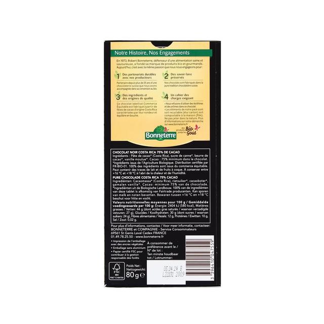3396410047559 - Bonneterre - Chocolat noir Costa Rica 75% bio et équitable