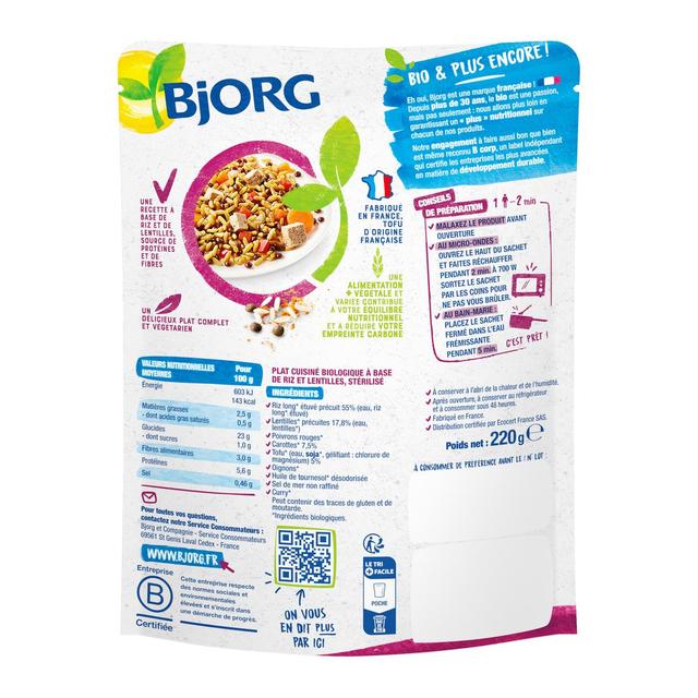 3229820791760 - Bjorg Veggie - Riz, Lentilles à l'Indienne Plat Cuisiné Bio
