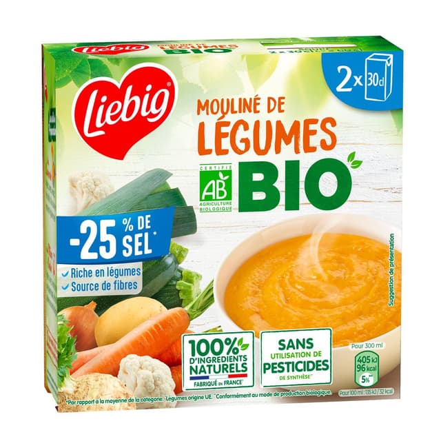 3036815474160 - Liebig - Mouliné de 6 Légumes Bio Taux de sel réduit Soupe liquide en brique individuelle
