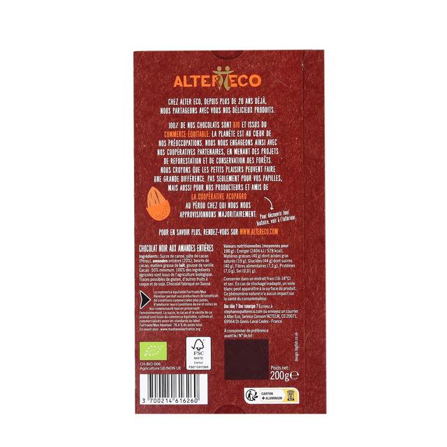 3700214616260 - Alter Eco - Commerce Equitable - Chocolat noir amandes entières 50% Cacao Bio du Pérou