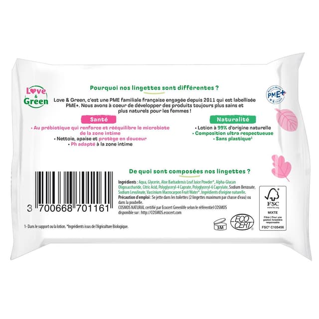 3700668701161 - Love & Green - Lingettes intimes apaisantes écologiques