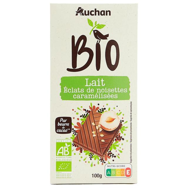 3245678046661 - Auchan BIO - Tablette de chocolat au lait éclats de noisettes caramélisées bio