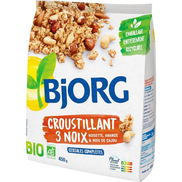 3229820797861 - Bjorg - Croustillant 3 Noix Céréales Complètes Bio - Noisettes, Amandes, Noix de Cajou complètes