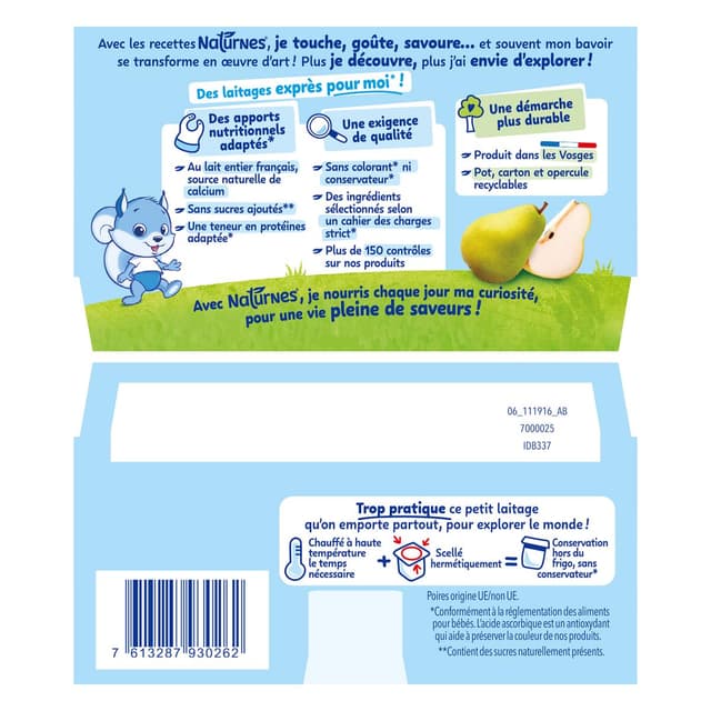 7613287930262 - Naturnes® - P'tit Brassé - Dessert Lacté Poire Sans Sucres Ajoutés Coupelle Bébé Dès 6 mois