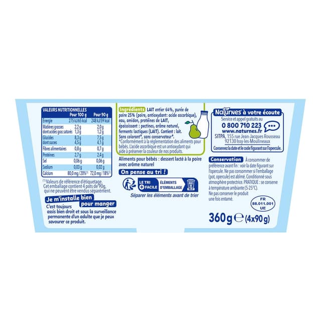 7613287930262 - Naturnes® - P'tit Brassé - Dessert Lacté Poire Sans Sucres Ajoutés Coupelle Bébé Dès 6 mois