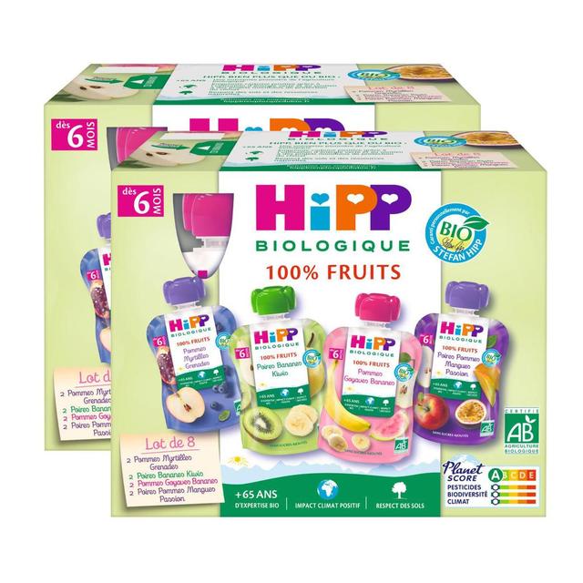 2050000394362 - Hipp - 100% Fruits - 4 variétés- Poire Pomme Mangue Passion, Pomme Goyave Banane, Poire Banane Kiwi Bio Gourdes Bébé Dès 6 mois