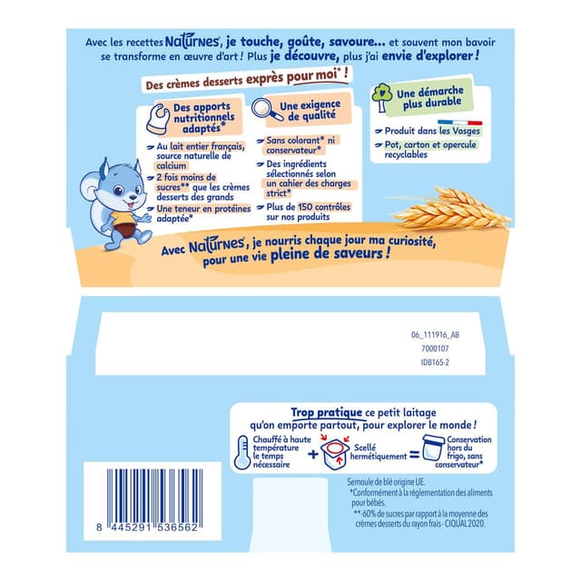 8445291536562 - Naturnes® - P'tit Gourmand - Dessert lacté Semoule pot bébé dès 6 mois