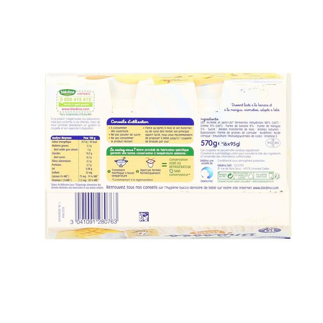 3041091280763 - Blédina - Les Brassés - Desserts Lactés Banane Mangue Coupelle Bébé Dès 6 mois