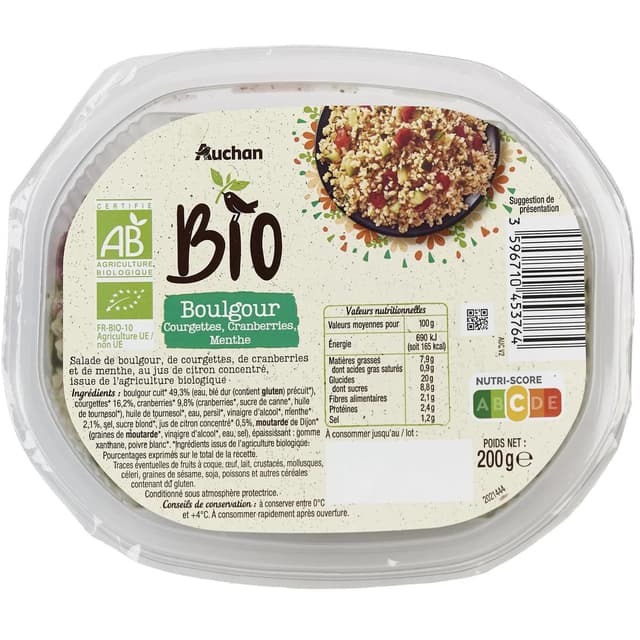 3596710453764 - Auchan BIO - Salade Boulgour, courgettes, cranberries, menthe Bio