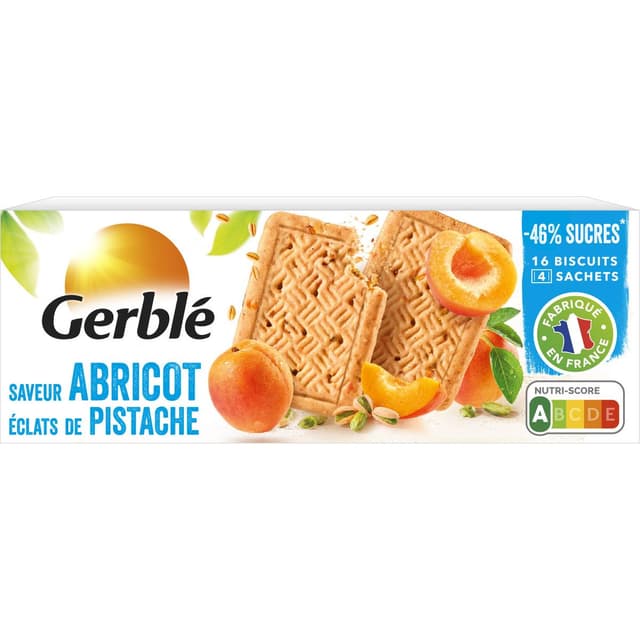 3175681261365 - Gerblé Teneur Réduite - 16 Biscuits Saveur Abricot et Eclats de Pistaches -49% de sucres en moins