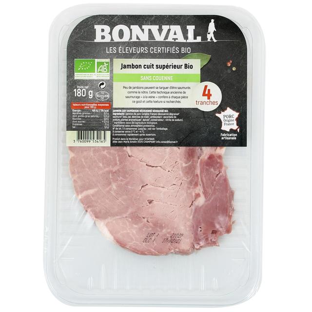 3760099534165 - Bonval - Jambon Cuit Supérieur, Bio, sans Couenne