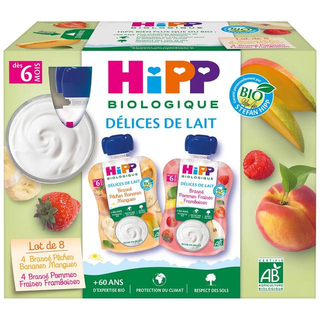 4062300344365 - Hipp - Délices de Lait - 2 Variétés Brassés- Pêche Banane Mangue et Pomme Fraise Framboise Bio Gourde Bébé Dès 6 mois