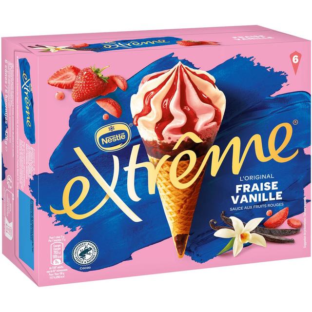7613035888265 - Extrême - Cônes glacés fraise vanille et sauce aux fruits rouges
