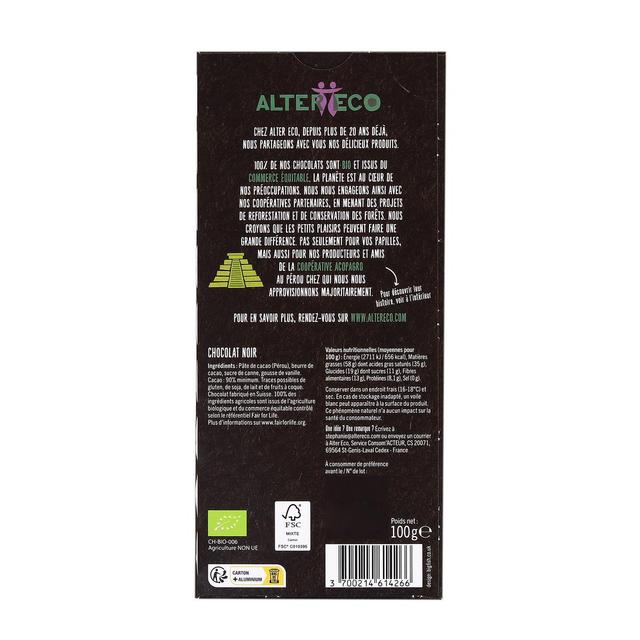 3700214614266 - Alter Eco - Commerce Equitable - Chocolat noir 90% Cacao Bio du Pérou