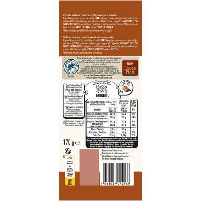 7613037984866 - Nestlé Les Recettes de l'Atelier - Chocolat au lait cranberries et amandes