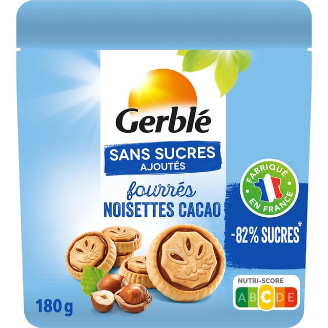 3175681281967 - Gerblé Sans Sucres Ajoutés - Biscuits Fourrés Noisette Cacao -82% de sucres en moins