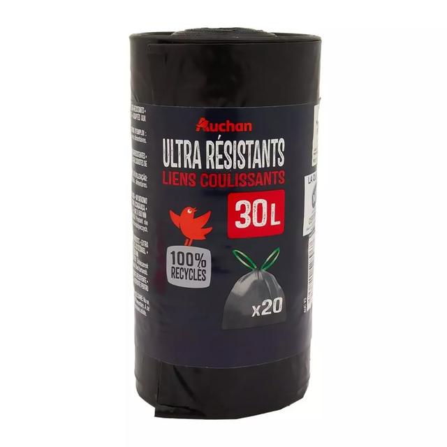 3596710528967 - Auchan - Sacs poubelle ultra résistants avec liens coulissants 30L