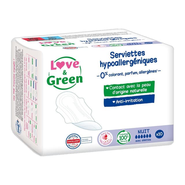3700668700768 - Love & Green - Serviettes hygiéniques nuit avec aillettes anti-irritation