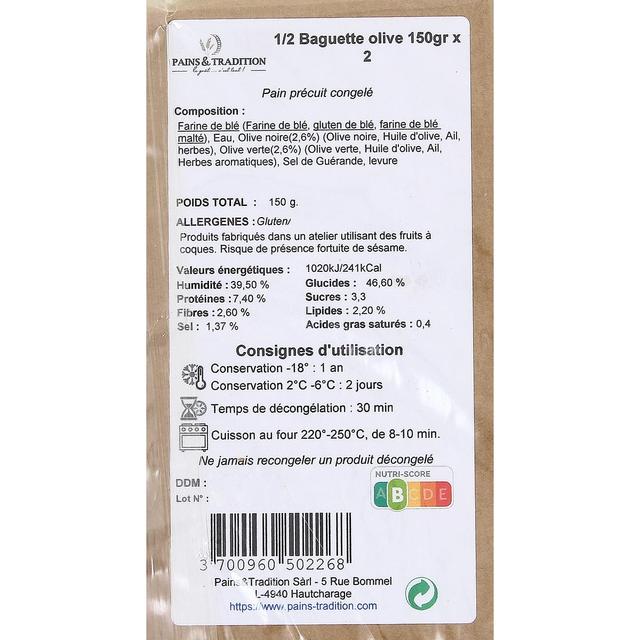 3700960502268 - Pains et Tradition - Demi Baguettes Olive Précuites
