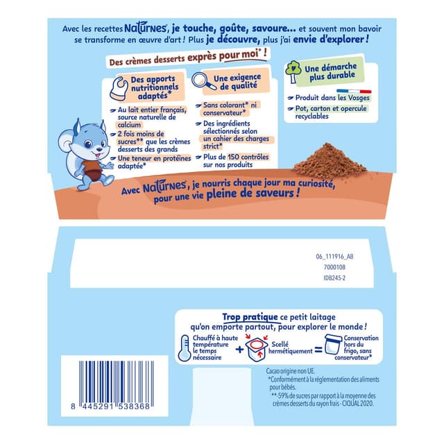 8445291538368 - Naturnes® - P'tit Gourmand - Dessert Lacté Cacao Coupelle Bébé dès 6 mois