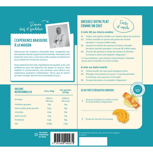3701565400270 - Aussitôt Bon - Saumon Fondant au Citron Confit, Purée de Carotte onctueuse à la Crème