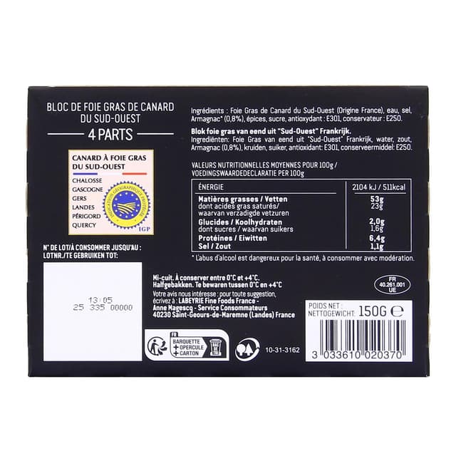 3033610020370 - Labeyrie - Bloc de Foie Gras de Canard