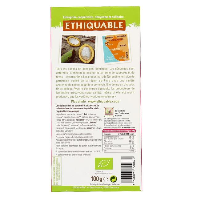 3760091720870 - Ethiquable - Commerce Equitable - Chocolat Lait Nougatine Noisette 42% Cacao Bio du Pérou