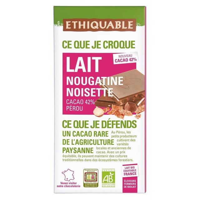 3760091720870 - Ethiquable - Commerce Equitable - Chocolat Lait Nougatine Noisette 42% Cacao Bio du Pérou