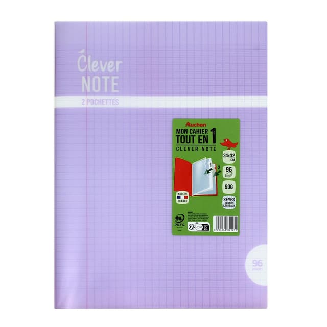3254568821271 - Auchan - Cahier piqure polypro, 24x32 Seyes - Grands carreaux