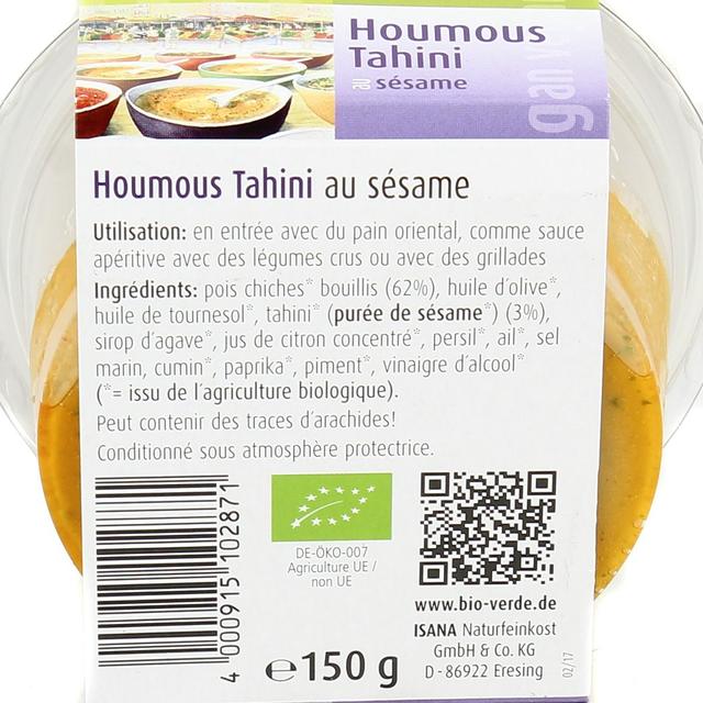 4000915102871 - BioVerde - Houmous bio Tahini pois chiches sésame, végan