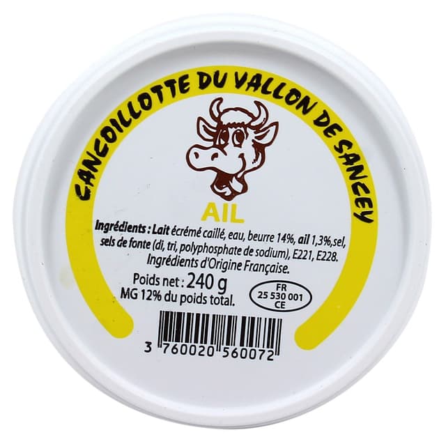 3760020560072 - Les Fruitières Du Vallon De Sancey - Cancoillotte Ail 12%MG du Vallon de Sancey - Lait de vache pasteurisé