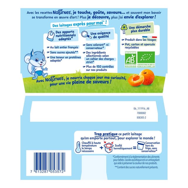 7613287053572 - Naturnes® - P'tit Brassé - Dessert Lacté Abricot Bio Coupelle Bébé Dès 6 mois