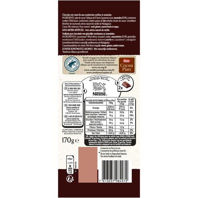 7613037984972 - Nestlé Les Recettes de l'Atelier - Chocolat noir cranberries et amandes