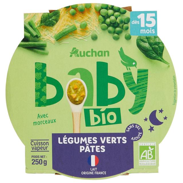 3596710515172 - Auchan Baby Bio - Légumes verts et pâtes Bio Assiette bébé dès 15 mois