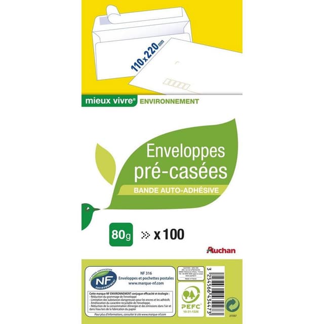 3254566434473 - Auchan - 100 Enveloppes précasées et auto-adhésives