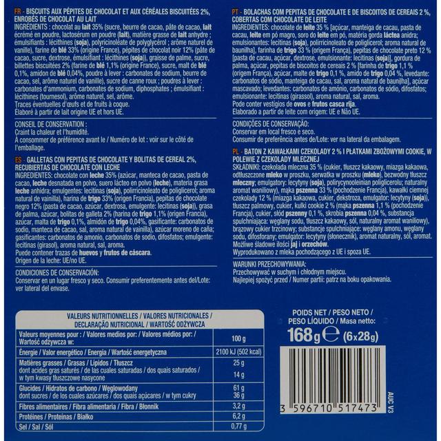 3596710517473 - Auchan - Barre cookie biscuits au chocolat au lait x6