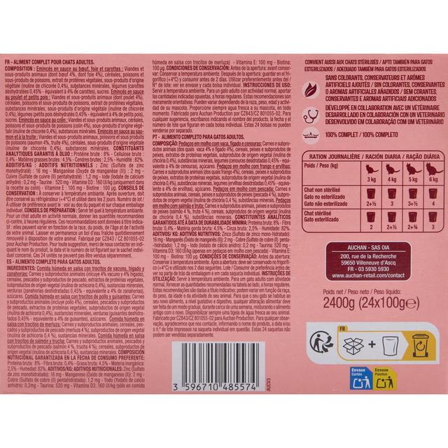 3596710485574 - Auchan - Sachets émincés en sauce viandes et poissons pour chat stérilisés