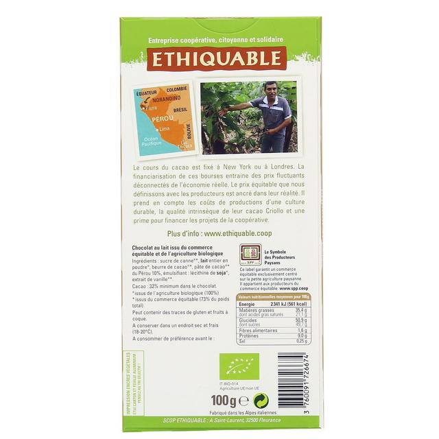 3760091726674 - Ethiquable - Commerce Equitable - Chocolat Lait Tendre et Fondant 32% Cacao Bio du Pérou
