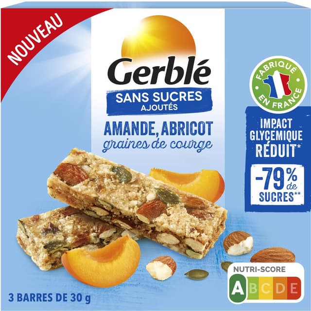 3175681307674 - Gerblé Sans Sucres Ajoutés - Barre Amande Abricot Graines de Courge -79% de sucres en moins