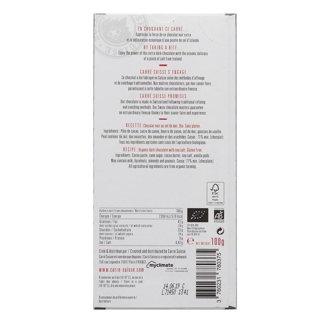 3760231780375 - Carré Suisse - Chocolat Noir 71% pointe de sel de Guérande BIO