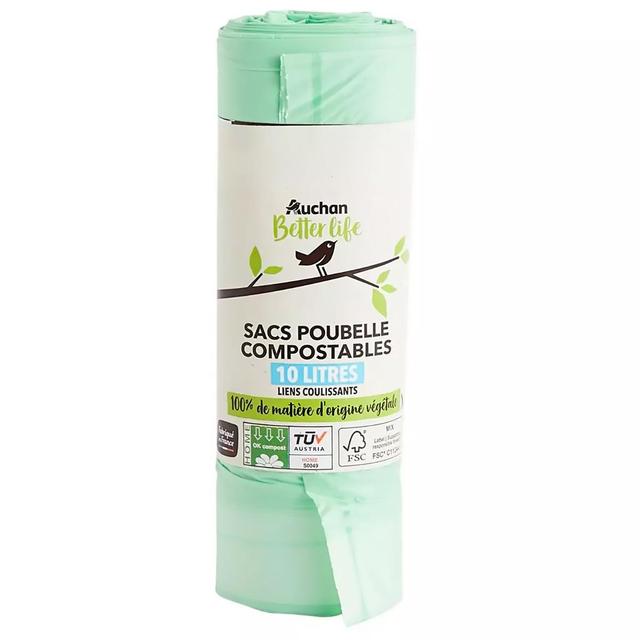 3596710528875 - Auchan Better Life - Sacs poubelles compostables avec liens coulissants 10L