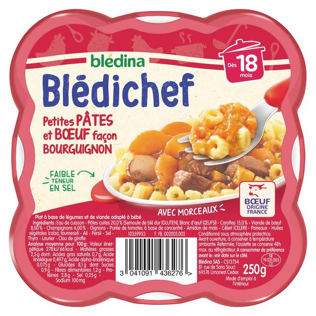 3041091436276 - Blédina - Blédi'chef - Petites Pâtes et Boeuf Façon Bourguignon Assiette Bébéb Dès 18 mois