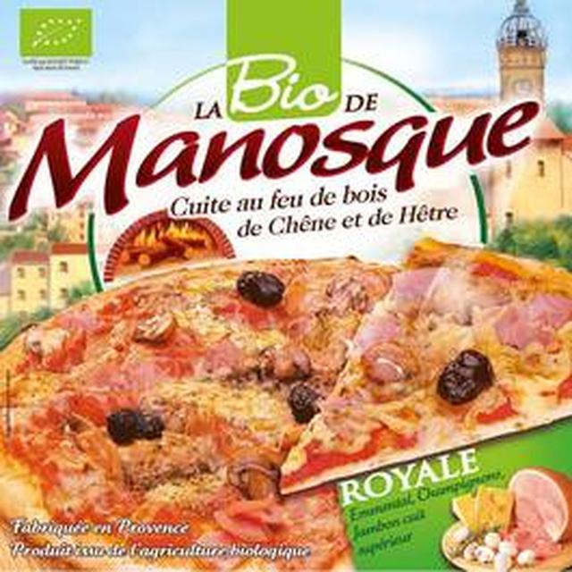 3424600000777 - La Pizza De Manosque - Pizza Bio royale- Emmental, Champignons, Jambon cuit supérieur cuite au feu de bois