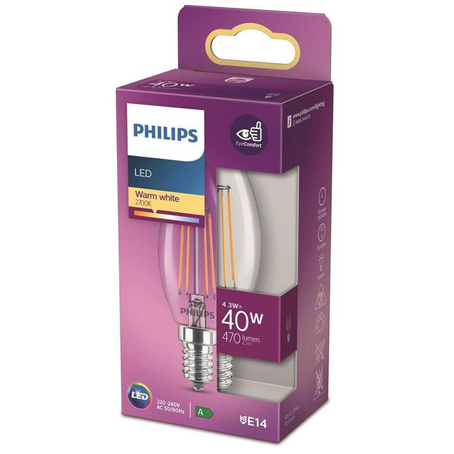 8718699763077 - Philips - Ampoule E14- 4,3W LED Flamme Transparente Blanc Chaud