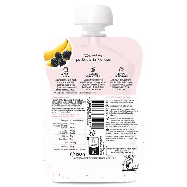 3760262841878 - Popote - Mûres Banane Bio Gourde Bébé Dès 4/6 mois