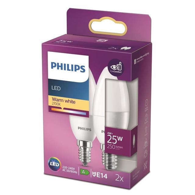 8718699782078 - Philips - 2 Ampoules E14- 4W LED Flamme Dépolie Blanc Chaud