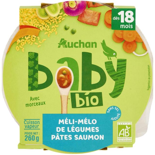 3596710476978 - Auchan Baby Bio - Méli-mélo légumes pâtes et saumon Bio Assiette bébé dès 18 mois