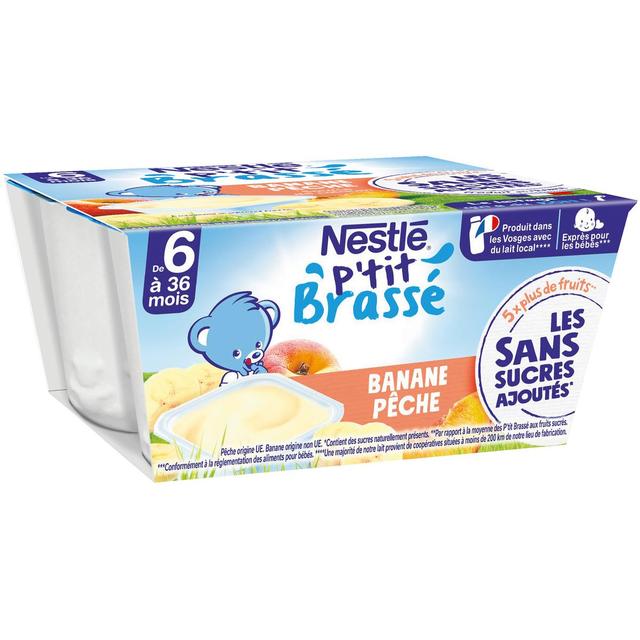 7613287937278 - Nestlé - P'tit Brassé - Dessert lacté Banane Pêche Coupelle Bébé Dès 6 mois