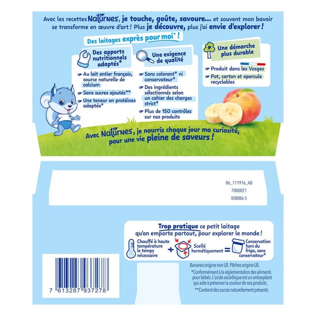 7613287937278 - Naturnes® - P'tit Brassé - Dessert lacté Banane Pêche Coupelle Bébé Dès 6 mois