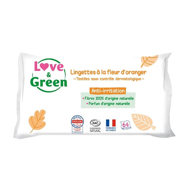 3700668700379 - Love & Green - Lingettes hypoallergéniques à la fleur d'oranger Bio
